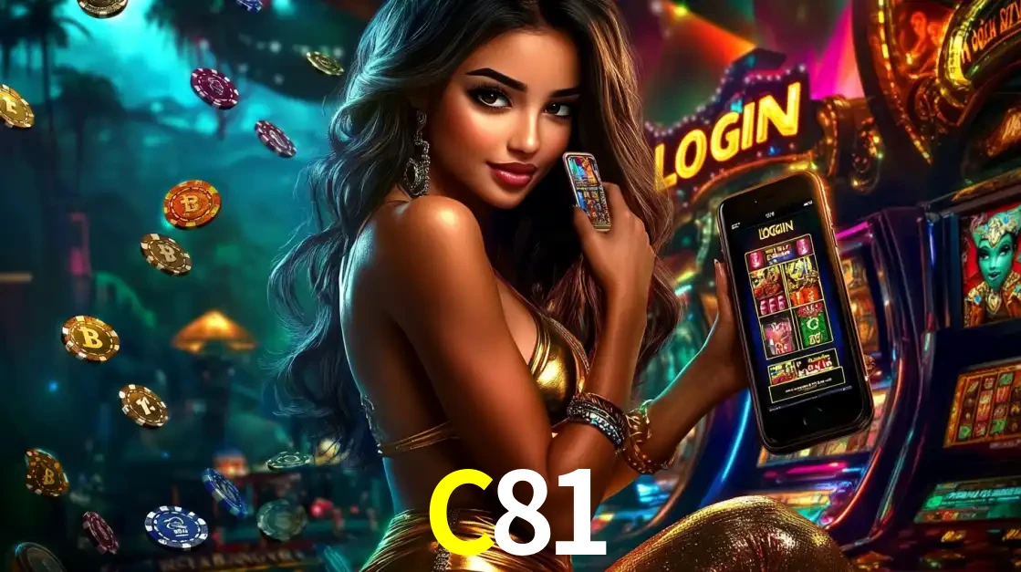 Mulher em um cenário de cassino temático de aventura, mostrando o app de caça-níqueis da C81 no celular. Fichas de apostas flutuam ao redor.