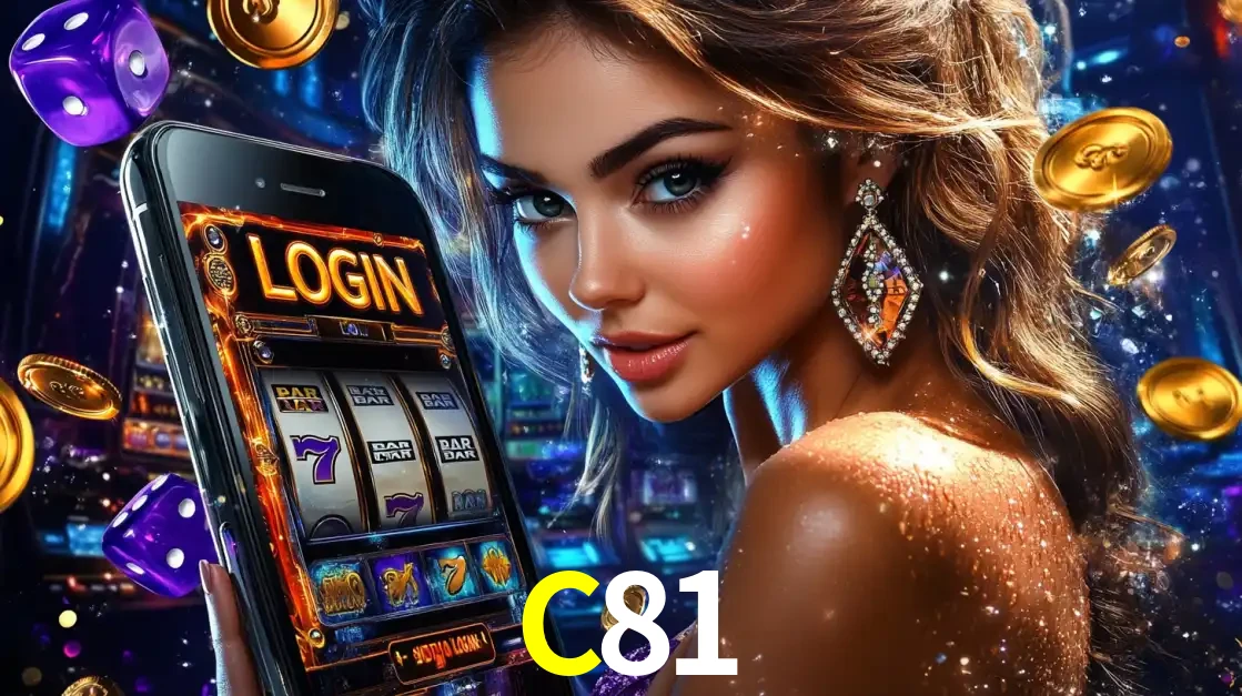 Mulher glamorosa segurando um smartphone com a tela de login para os jogos de caça-níqueis do cassino online C81, com moedas de ouro e dados ao redor.