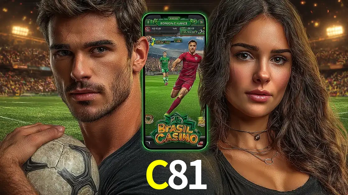 Homem segurando uma bola de futebol e uma mulher ao lado de um smartphone exibindo o jogo de apostas esportivas da C81. Faça seu palpite no cassino online.